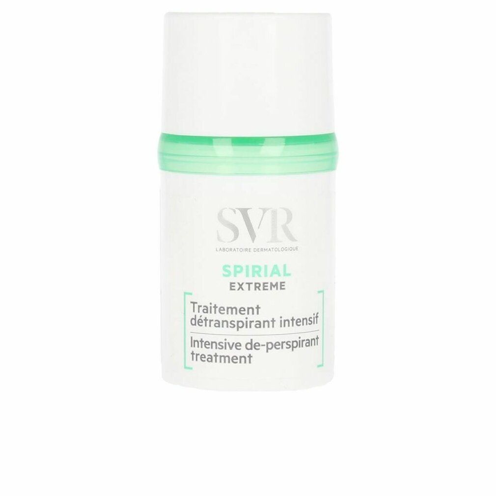 Weißer Roll-on-Deo mit grünem Band. SVR-Logo und Produktbezeichnung. Text: Spirial Extreme, Traitement détranspirant intensif.