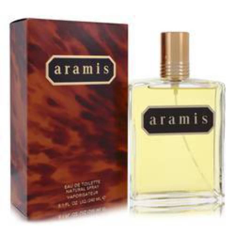 Aramis Eau de Toilette Flakon und Verpackung. Rechteckiger Flakon mit goldfarbenem Verschluss. Verpackung mit braunem Muster.