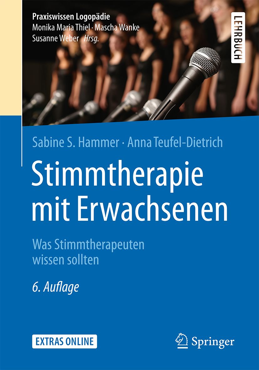 Buchcover: Stimmtherapie mit Erwachsenen. Autoren: Sabine S. Hammer, Anna Teufel-Dietrich. Verlag Springer. Titel in Großbuchstaben auf blauem Hintergrund.