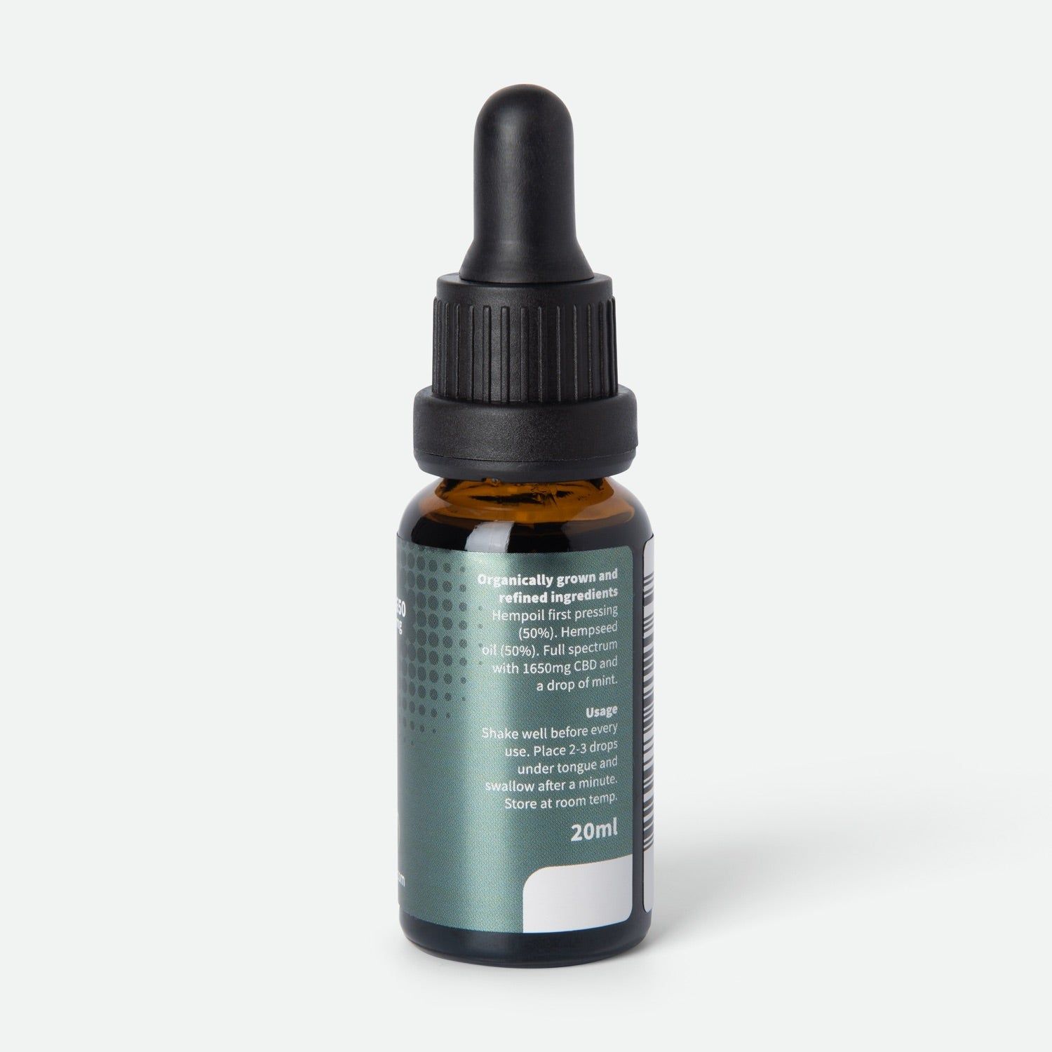 Rückseite einer CBD Öl Flasche mit Pipette, Etikett mit Anwendungshinweisen und "20ml".