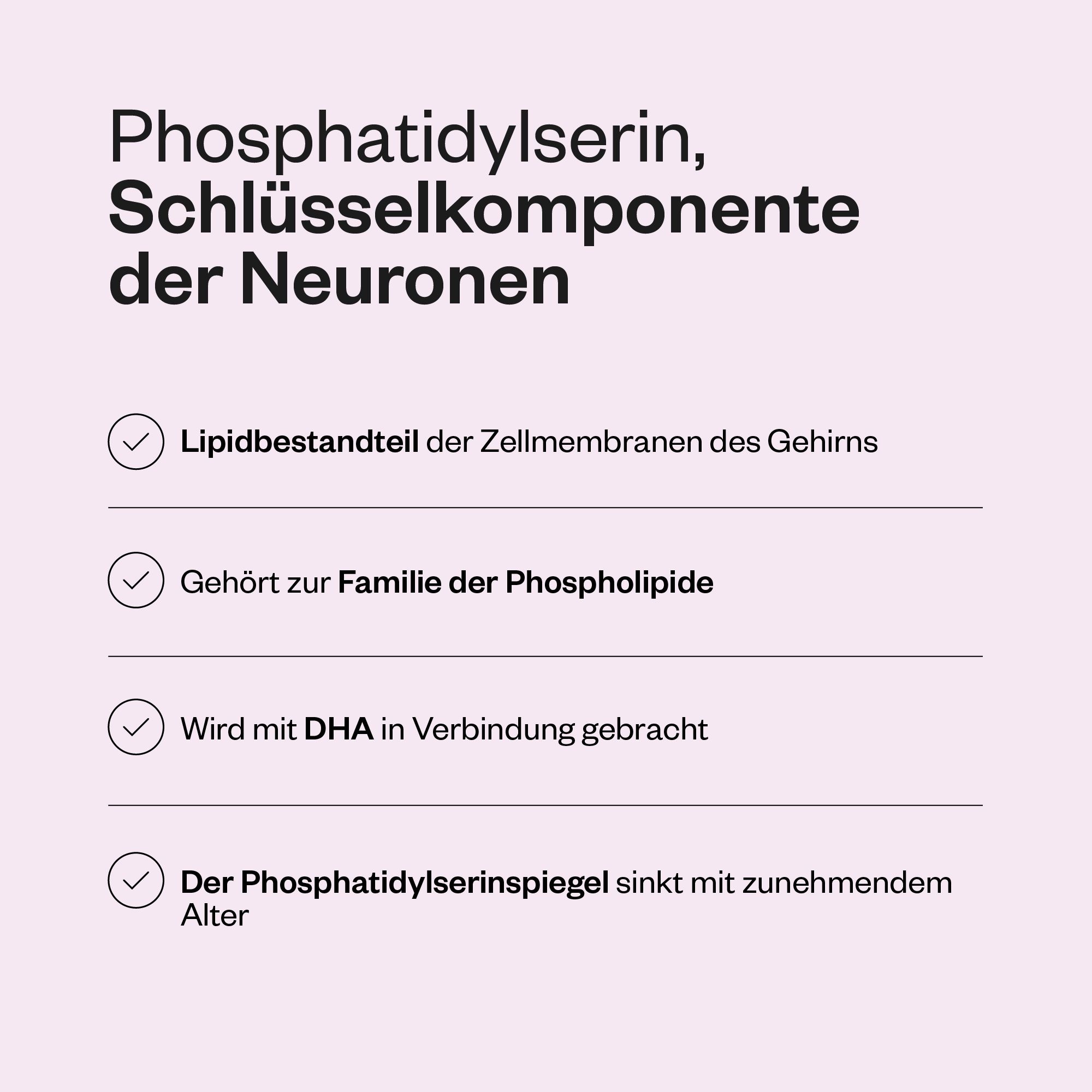 Text mit Aufzählungspunkten: Lipidbestandteil, gehört zu Phospholipiden, wird mit DHA in Verbindung gebracht, sinkt mit Alter.