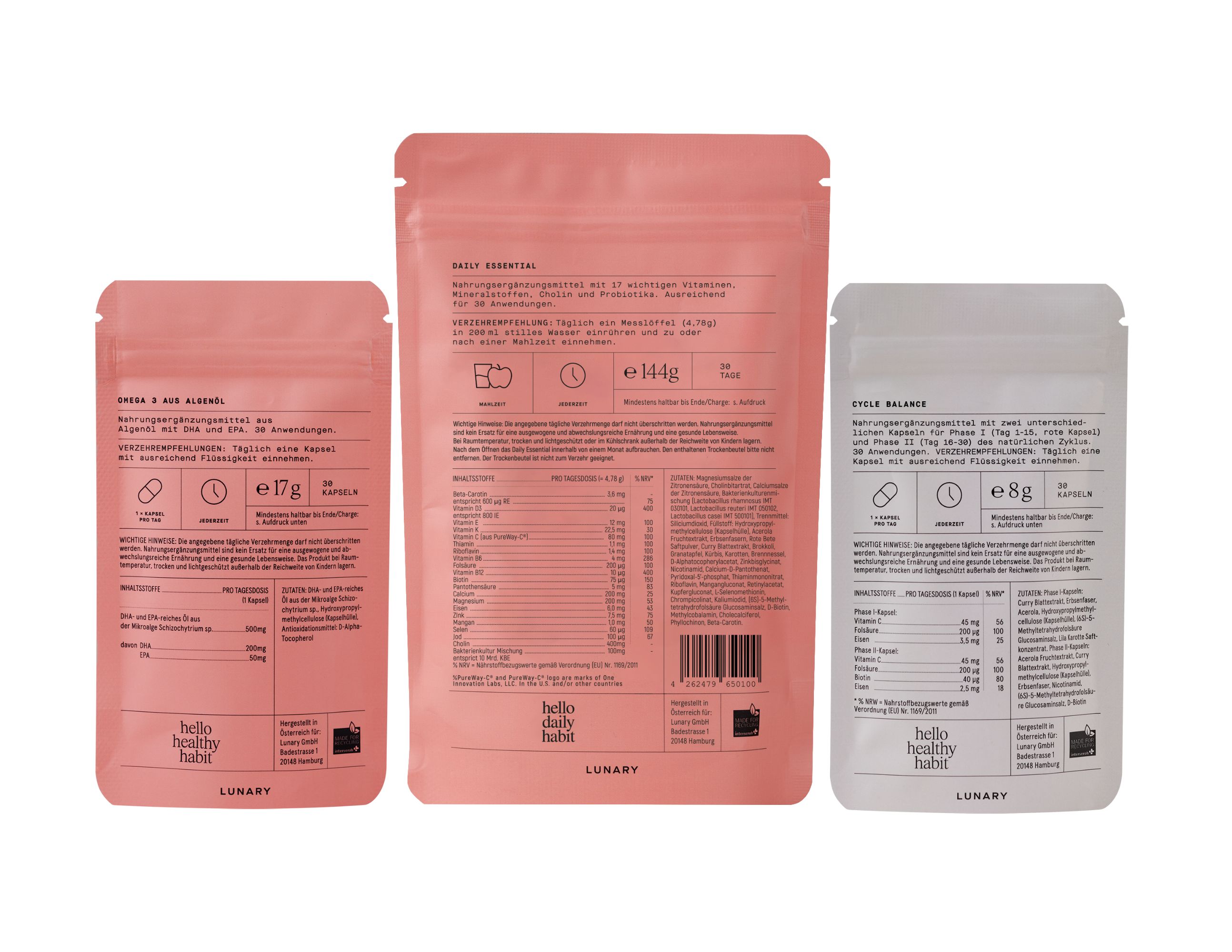 Rückseite von drei Beuteln. Rosa und weiß. Produktinformationen und Inhaltsstoffe. Aufschrift LUNARY und hello healthy baby.
