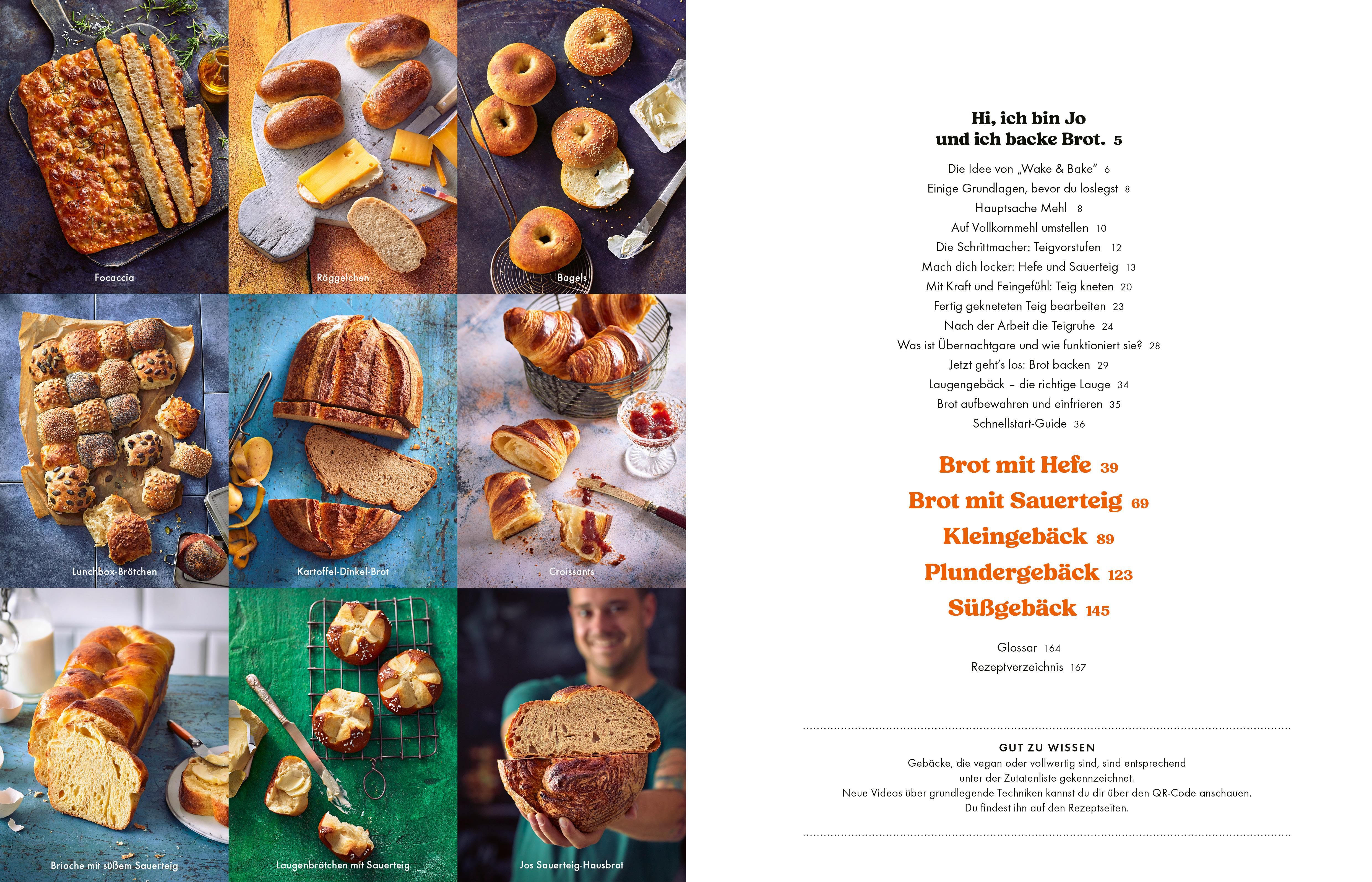 Buch: "Wake & Bake". Seiten mit Brot-Fotos und Inhaltsverzeichnis. Verschiedene Brotsorten.