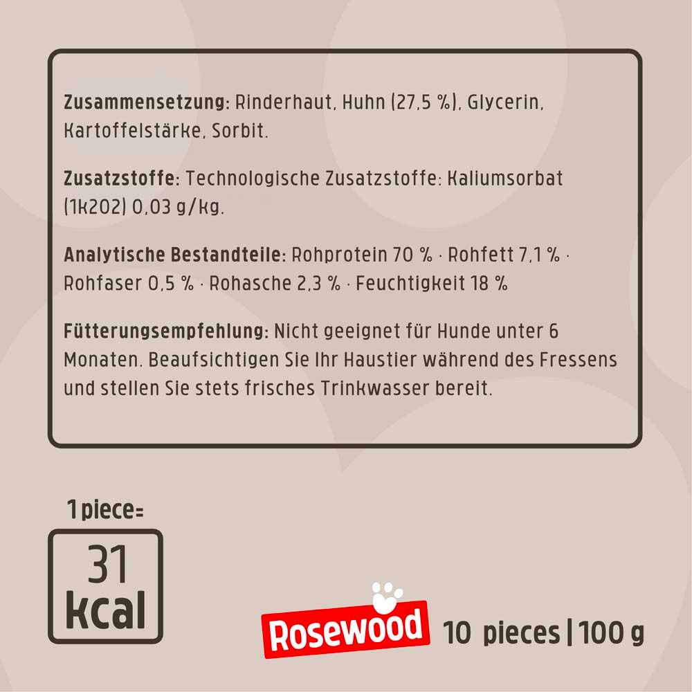 Rückseite einer Tüte mit Text. Aufschrift: 10 Stück, 100g, 31 kcal. Inhaltsstoffe und Nährwertangaben.