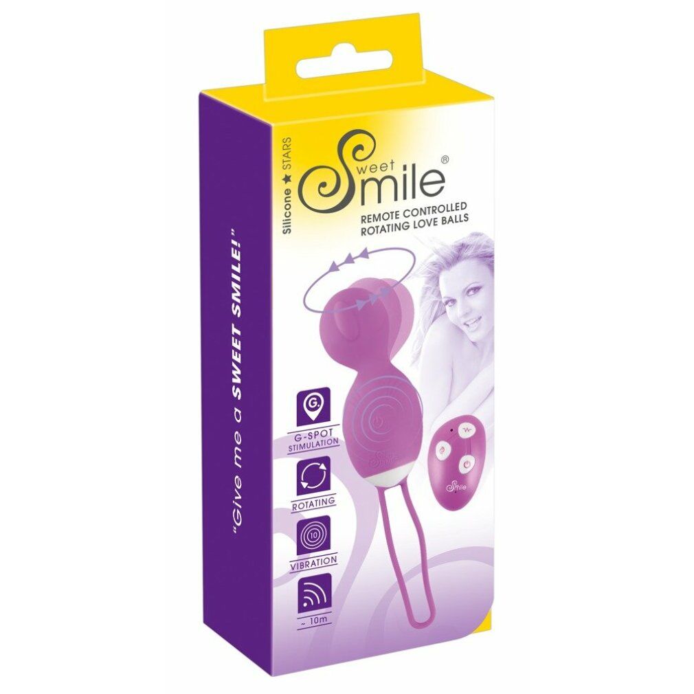 Verpackung mit Produktabbildung. Lila Love Balls und Fernbedienung. Text: Sweet Smile, Remote Controlled Rotating Love Balls.