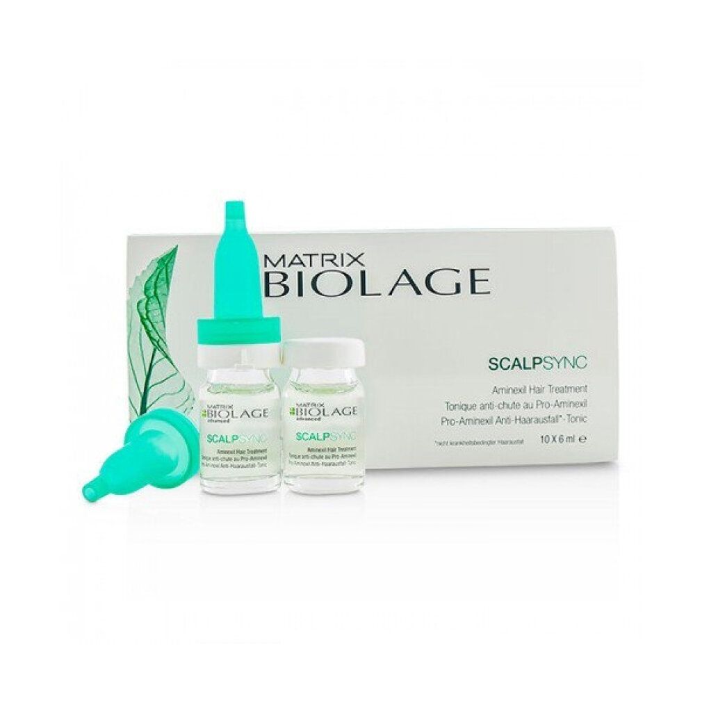 Weiße Produktverpackung mit grünem Logo und Schriftzug. Zwei kleine Flaschen und zwei grüne Applikatoren. Text: MATRIX BIOLAGE, SCALPSYNC, 10 x 6 ml e.