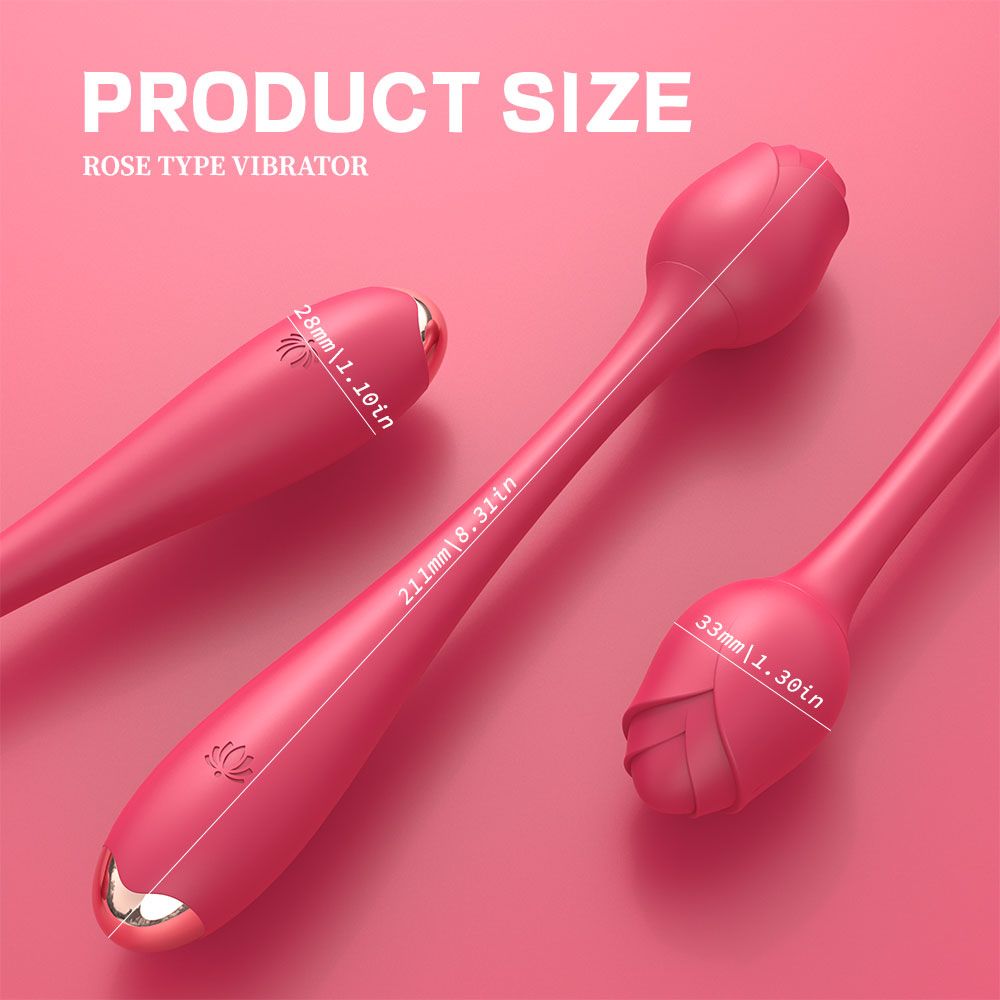 Drei rosa Vibratoren in Tulpenform. Größenangaben: 28mm, 211mm, 33mm. Goldfarbene Akzente. Lotus-Logo. Produktbezeichnung: Rose Type Vibrator.