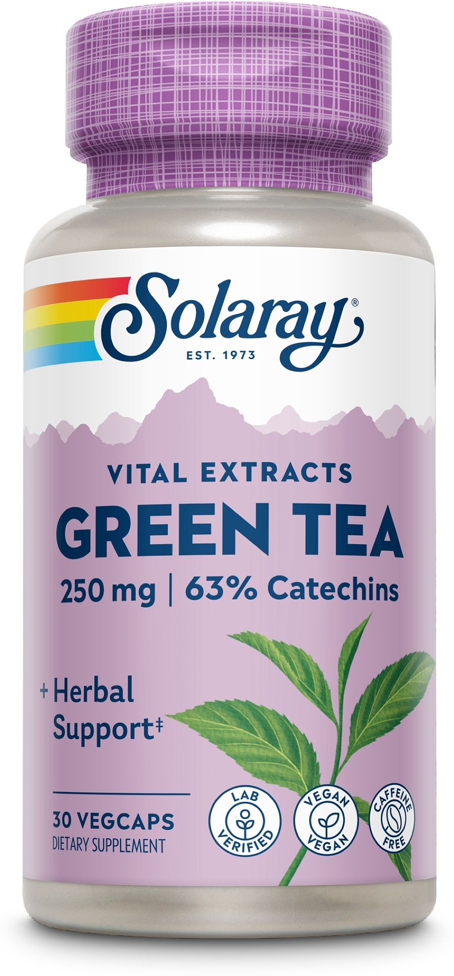 Solaray Grüner Tee Extrakt Flasche mit 30 Vegcaps, 250 mg, 63% Catechine, Vegan, Koffeinfrei.