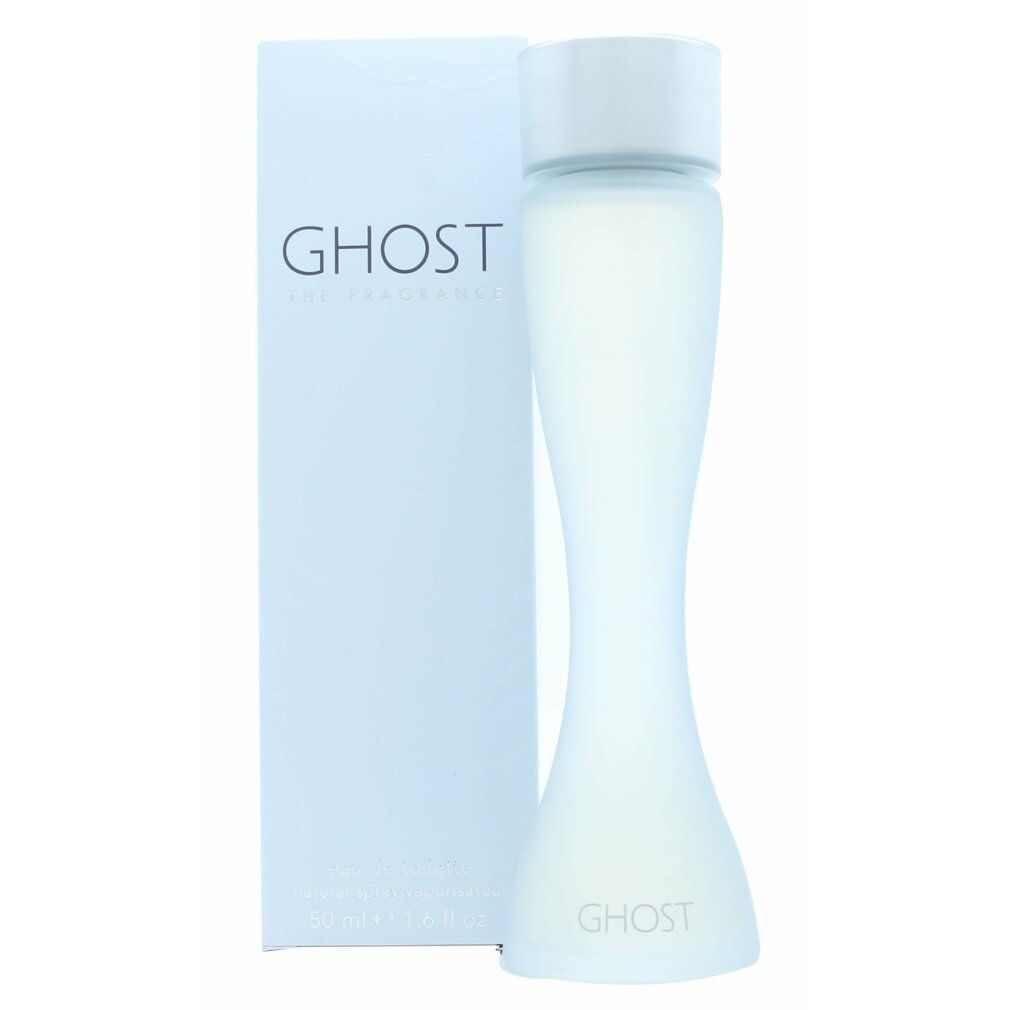 Hellblaue Flasche mit weißem Deckel und Schriftzug GHOST. Daneben eine hellblaue Verpackung mit GHOST-Logo.