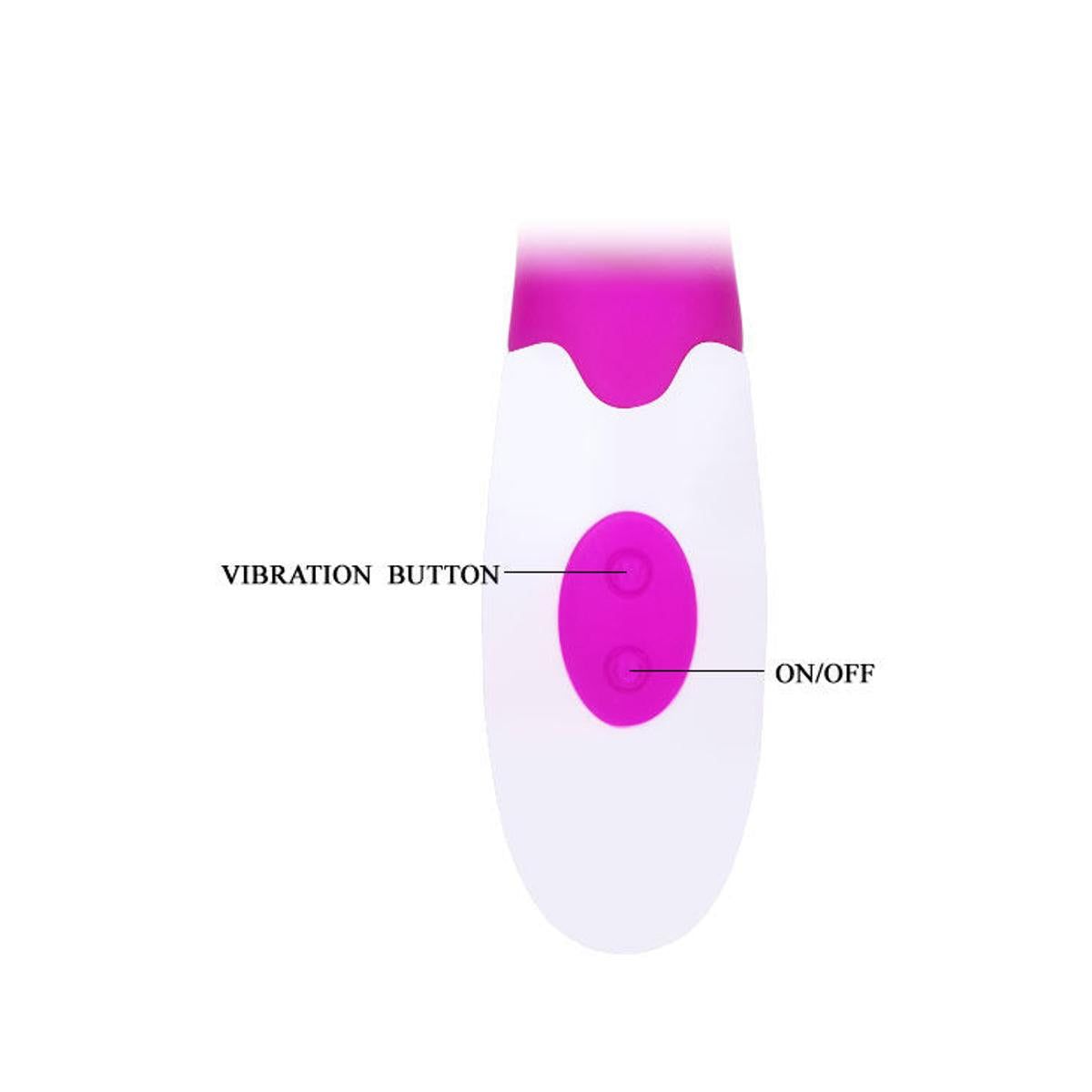Nahaufnahme der weißen Basis eines lila-weißen Vibrators. Beschriftung: Vibration Button und ON/OFF.