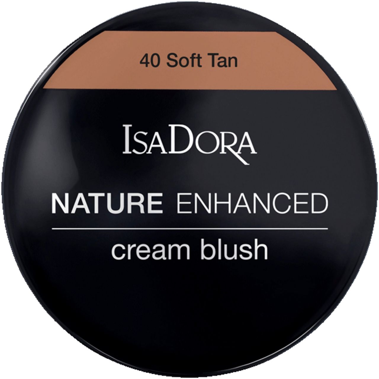 Runder, schwarzer Behälter mit IsaDora-Logo und Aufschrift "NATURE ENHANCED cream blush". Oben: Farbton "40 Soft Tan".
