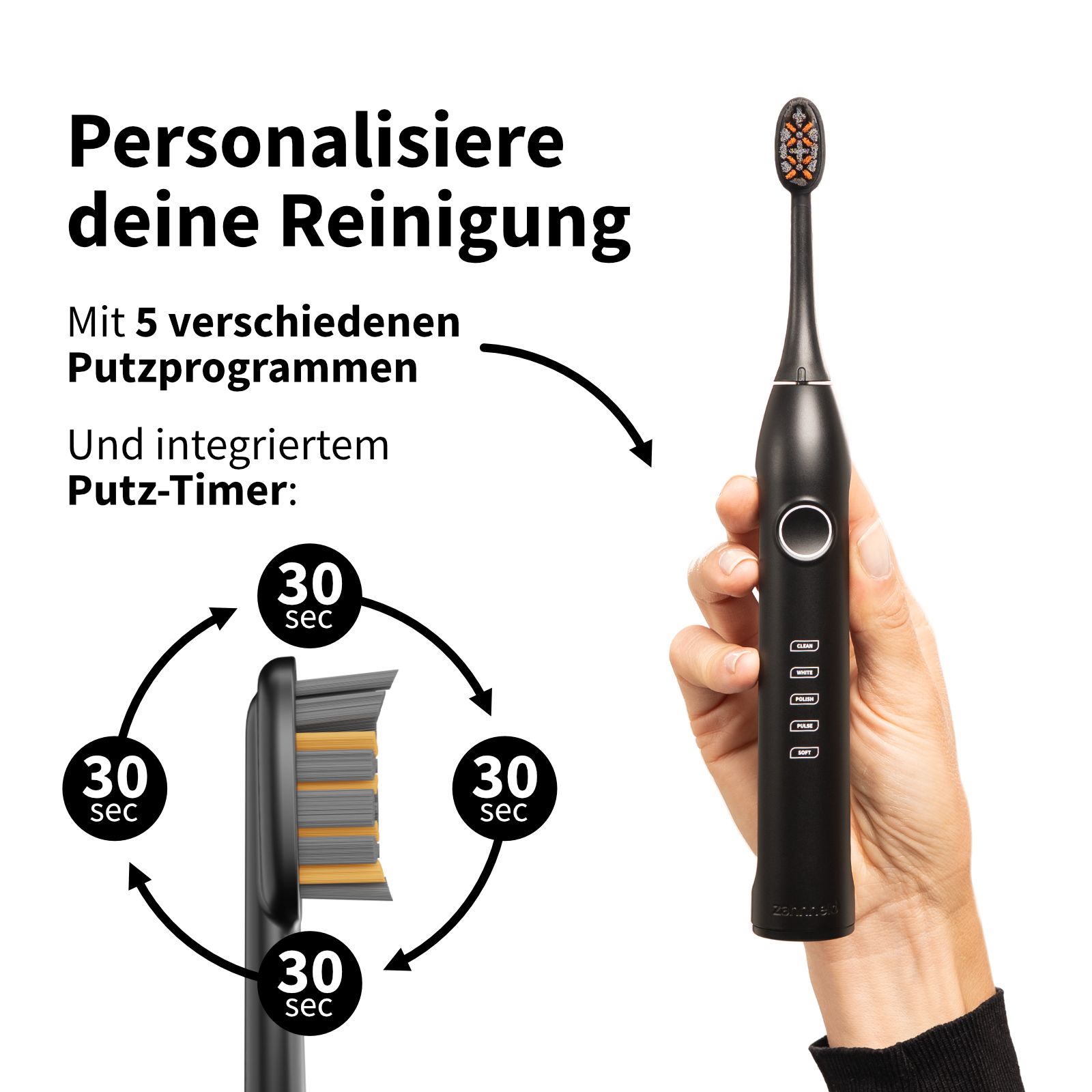 Schwarze elektrische Zahnbürste in Hand. Text: Personalisiere deine Reinigung. Mit 5 Putzprogrammen und integriertem Putz-Timer.