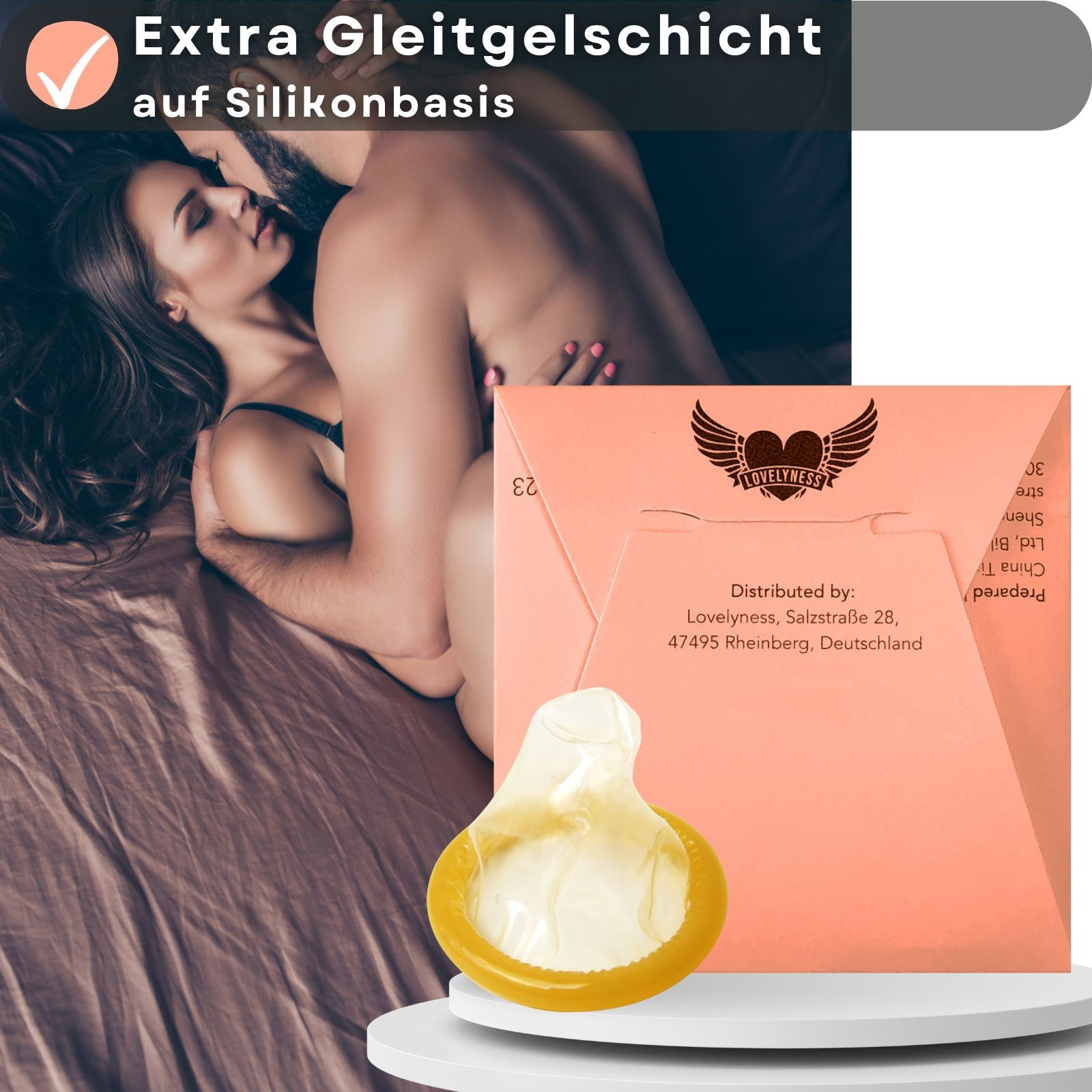 Kondome mit Extra Gleitgelschicht auf Silikonbasis. Logo mit Flügeln und Herz. Einzeln verpackt.