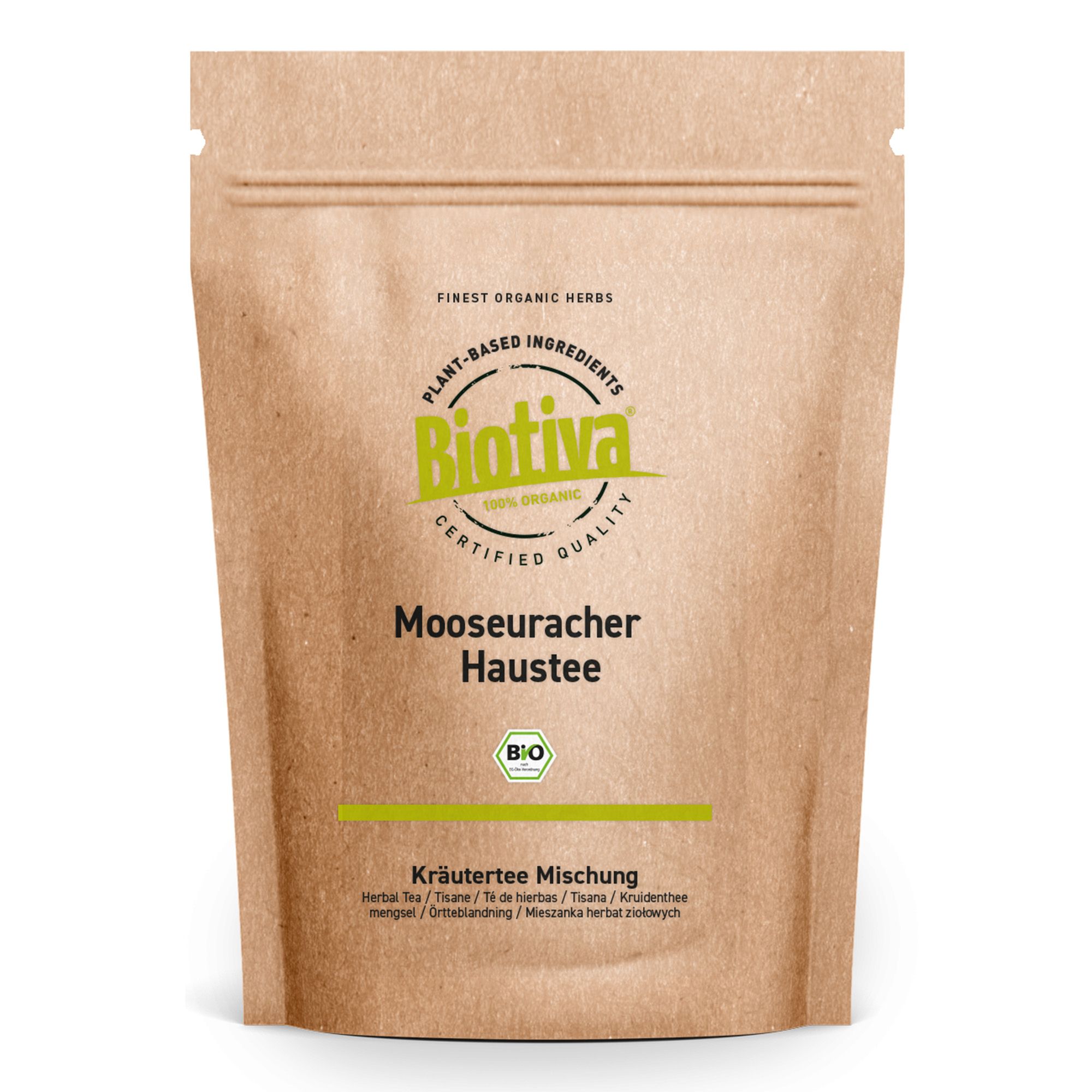 Beutel mit Kräutermischung. Aufschrift: Mooseuracher Haustee, Bio. Marke Biotiva. Siegel: Bio-Zertifizierung.