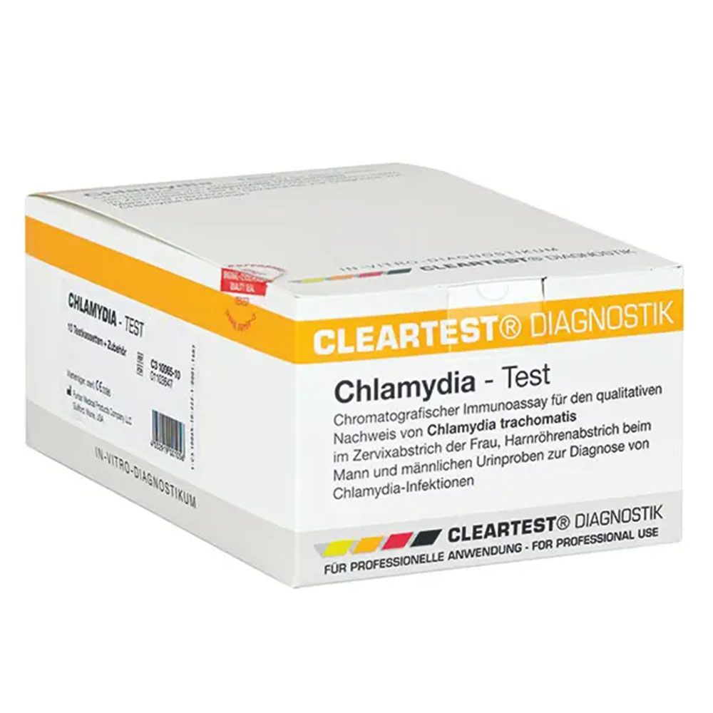 Schachtel Cleartest Diagnostik Chlamydia-Test. Enthält Testkassetten. Aufdruck mit Produktinformationen und Barcode.
