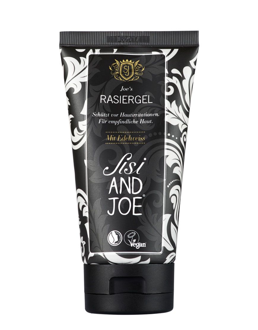 Schwarze Tube Rasiergel mit weißem Muster. Text: Joe's Rasiergel, Mit Edelweiß, Sisi and Joe. Vegan-Siegel.