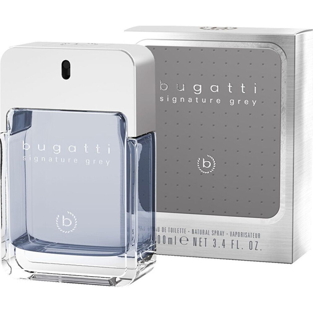 Bugatti Signature Grey Eau de Toilette. Flakon und Verpackung. Rechteckiger Flakon mit silbernem Deckel. Graue Verpackung mit Logo.