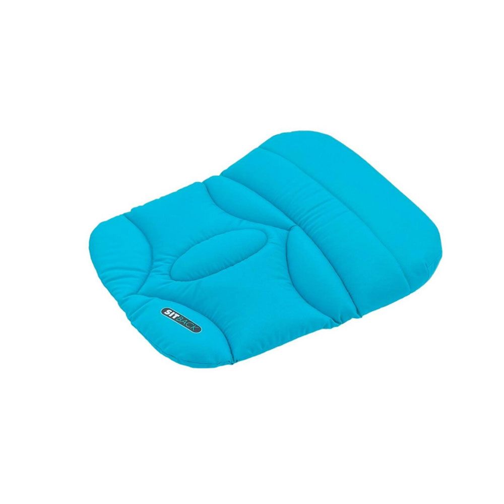Türkisfarbenes Sitzkissen mit SITBACK-Logo. Gepolstert, rechteckig mit abgerundeten Ecken. Oberseite mit Vertiefungen.