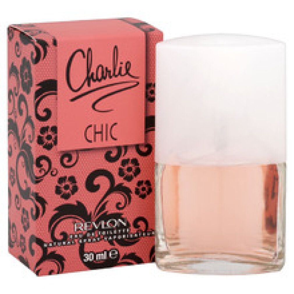 Revlon Charlie Chic Eau de Toilette. Rosa Flakon mit weißem Deckel, neben passender Schachtel. Schwarze Schrift auf rosa Hintergrund.