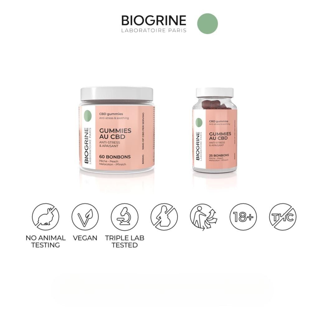 Zwei Dosen BIOGRINE CBD Gummies. Eine große Dose mit 60 Bonbons, eine kleine mit 25. Logos: Vegan, Triple Lab Tested, 18+, kein Tierversuch.