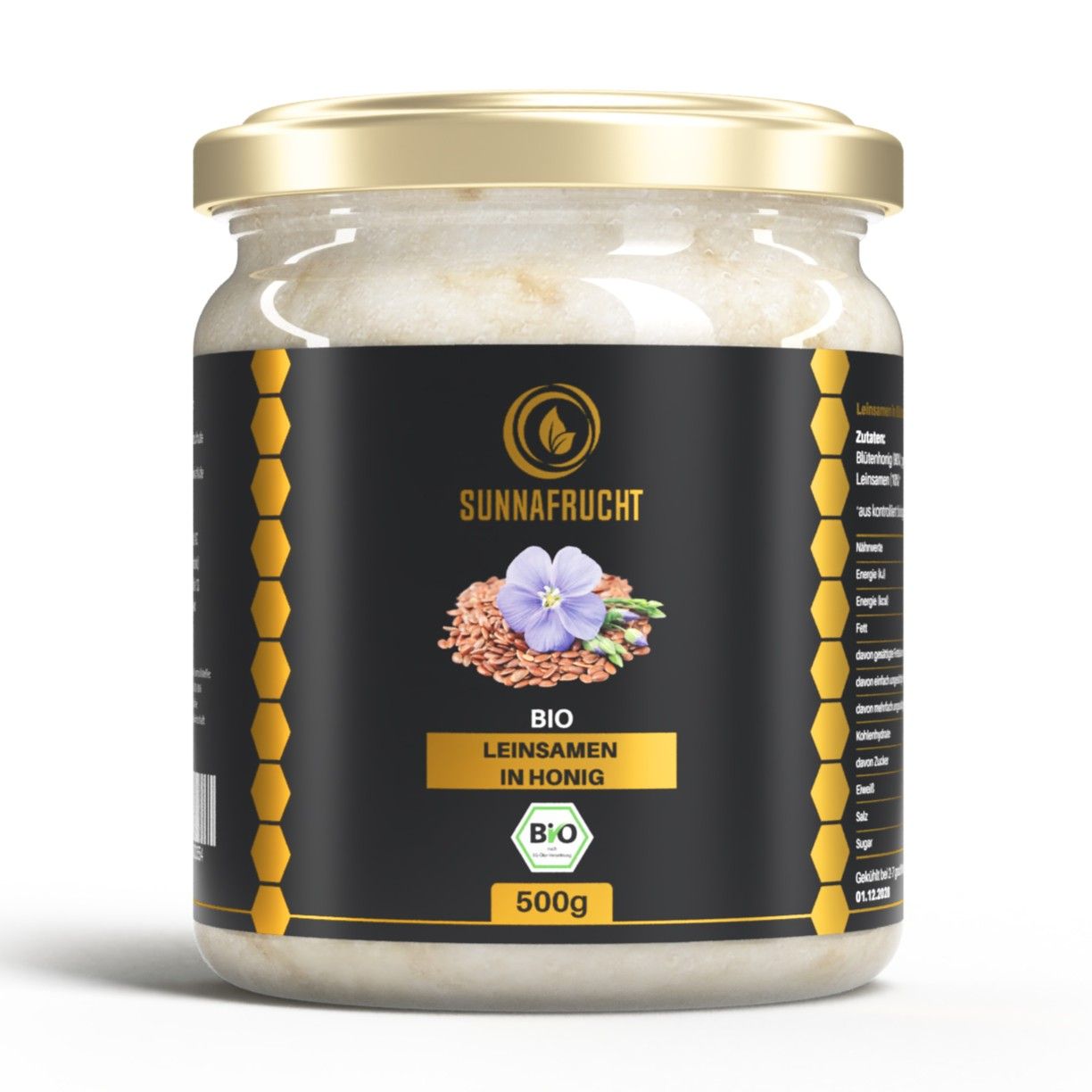 Glas SUNNAFRUCHT® BIO Leinsamen in Honig, 500g. Schwarzes Etikett mit goldenen Akzenten und Honigwabenmuster.