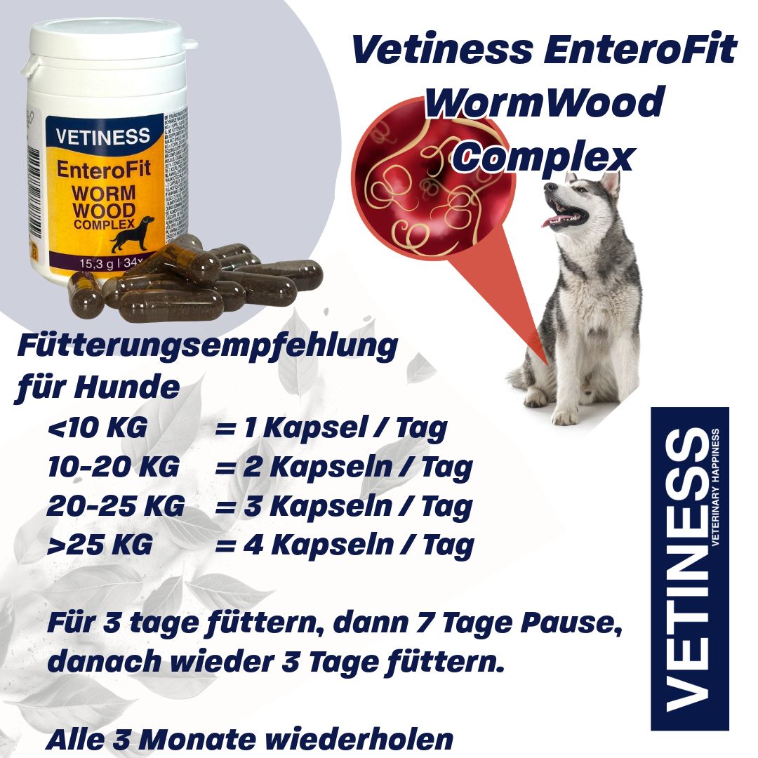 Weiße Dose mit Kapseln, daneben Kapseln. Text: Vetiness EnteroFit WormWood Complex. Fütterungsempfehlung für Hunde. Logo.