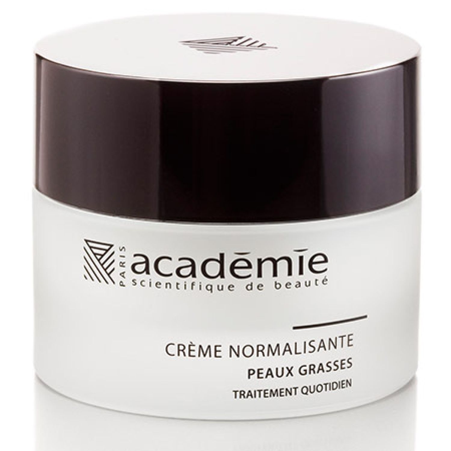 Creme-Tiegel mit weißem Glas, schwarzem Deckel und weißem Deckel. Aufschrift: Académie, Crème Normalisante, Peaux Grasses, Traitement Quotidien.