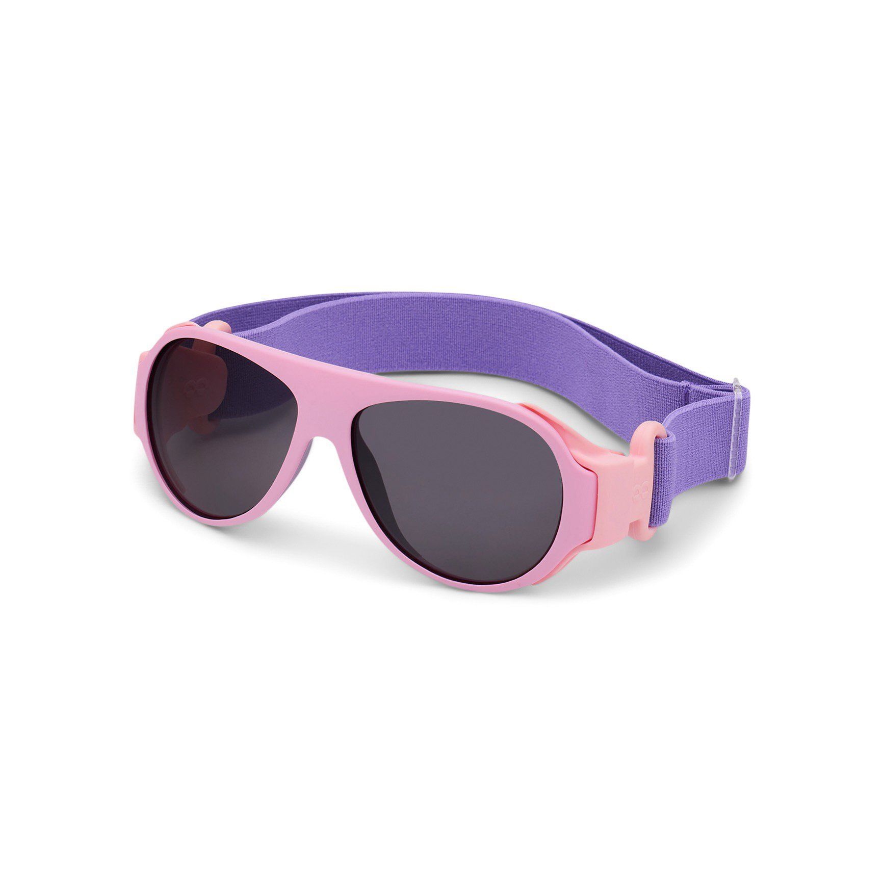 Rosa Sonnenbrille mit lila Brillenband. Aviator-Form. Dunkle Gläser. Perspektivische Ansicht.