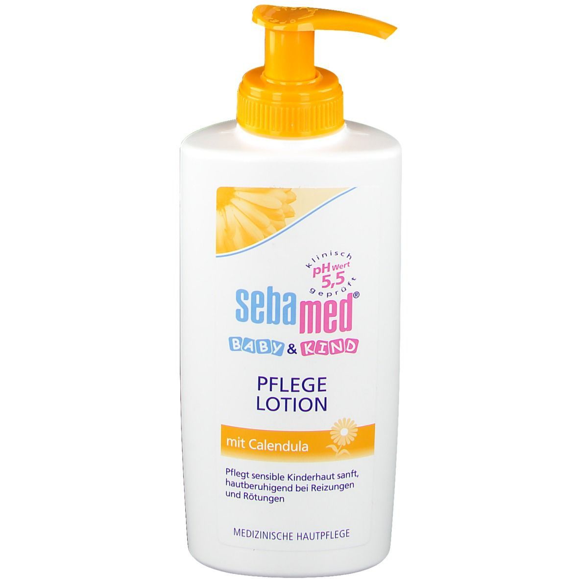 Weiße Flasche mit gelbem Pumpkopf. Aufschrift: sebamed BABY & KIND PFLEGE LOTION. Mit Calendula. Klinisch getestet pH 5,5.
