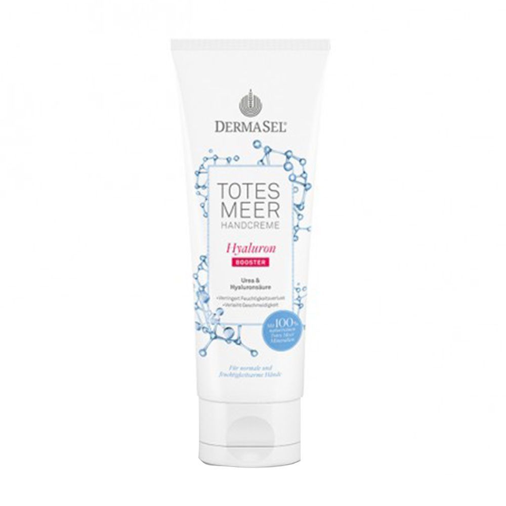 Weiße Tube mit Produktaufdruck. Schriftzug DERMASEL, Totes Meer Handcreme Hyaluron. Blaue und rote Akzente. 100%.