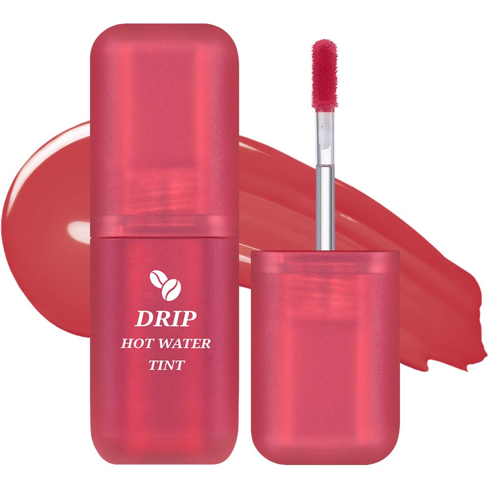 Roter Lip Tint mit Applikator. Aufschrift: Drip Hot Water Tint. Kaffeebohnen-Symbol. Daneben ein roter Farbfleck.