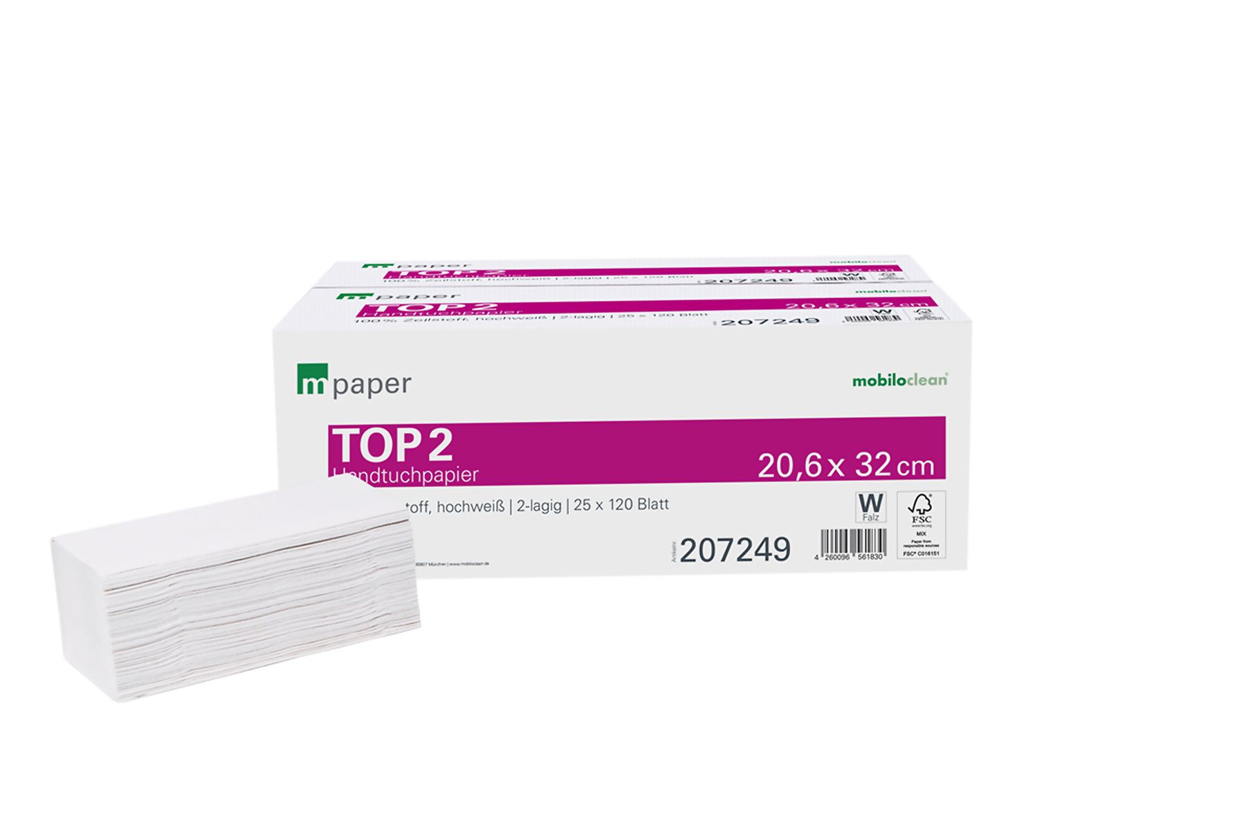 Weiße Papierhandtücher, 2-lagig, in Kartonverpackung. Aufdruck: TOP 2, 20,6 x 32 cm. Marke: Mobiloclean mpaper.