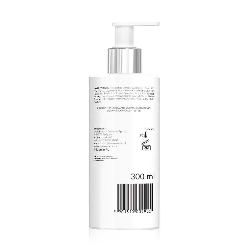 Rückseite einer weißen Flasche mit Pumpe. Text: Inhaltsstoffe, dermatologisch getestet, 300 ml, Barcode.