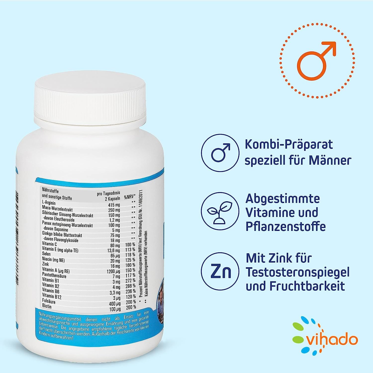 Weiße Flasche mit Vihado-Logo und Produktinformationen. Enthält Kapseln. Aufschrift: Kombi-Präparat für Männer, Vitamine, Zink.
