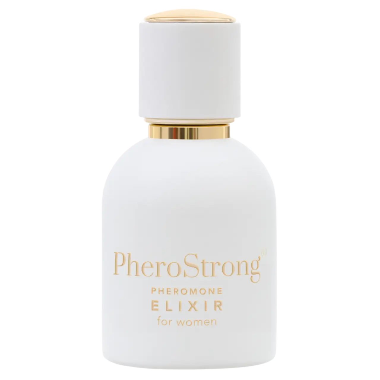 Weiße Flasche mit goldener Kappe und Schriftzug PheroStrong. Produktname und weitere Informationen sind sichtbar.