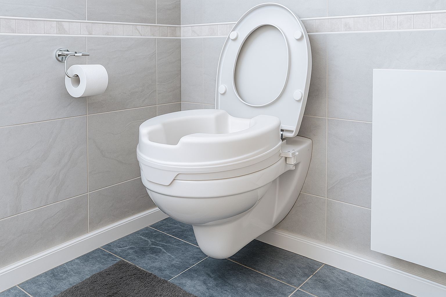 Toilettensitzerhöher auf einer Toilette montiert. Weißes Produkt, installiert in einem Badezimmer.