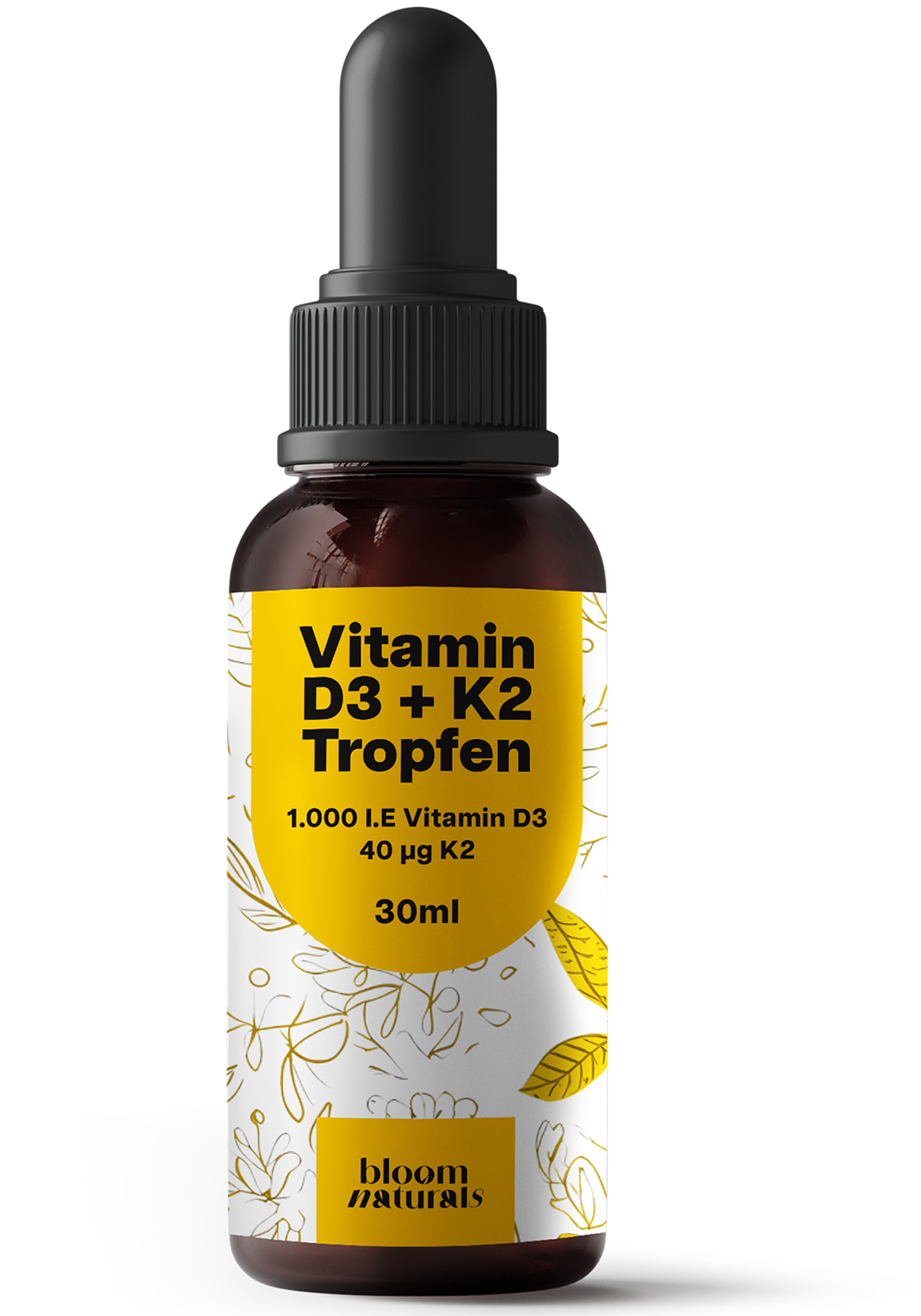 Braune Glasflasche mit schwarzem Deckel und Pipette. Gelbes Etikett mit Text: Vitamin D3 + K2 Tropfen, 1.000 I.E. Vitamin D3, 40 µg K2, 30ml. Marke: bloom naturals.