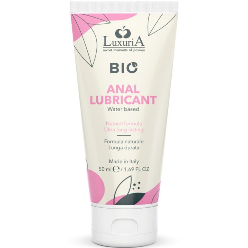 Tube mit Produktaufschrift: LuxuriA BIO Anal Lubricant. Rosa und weiße Verpackung, 50 ml.