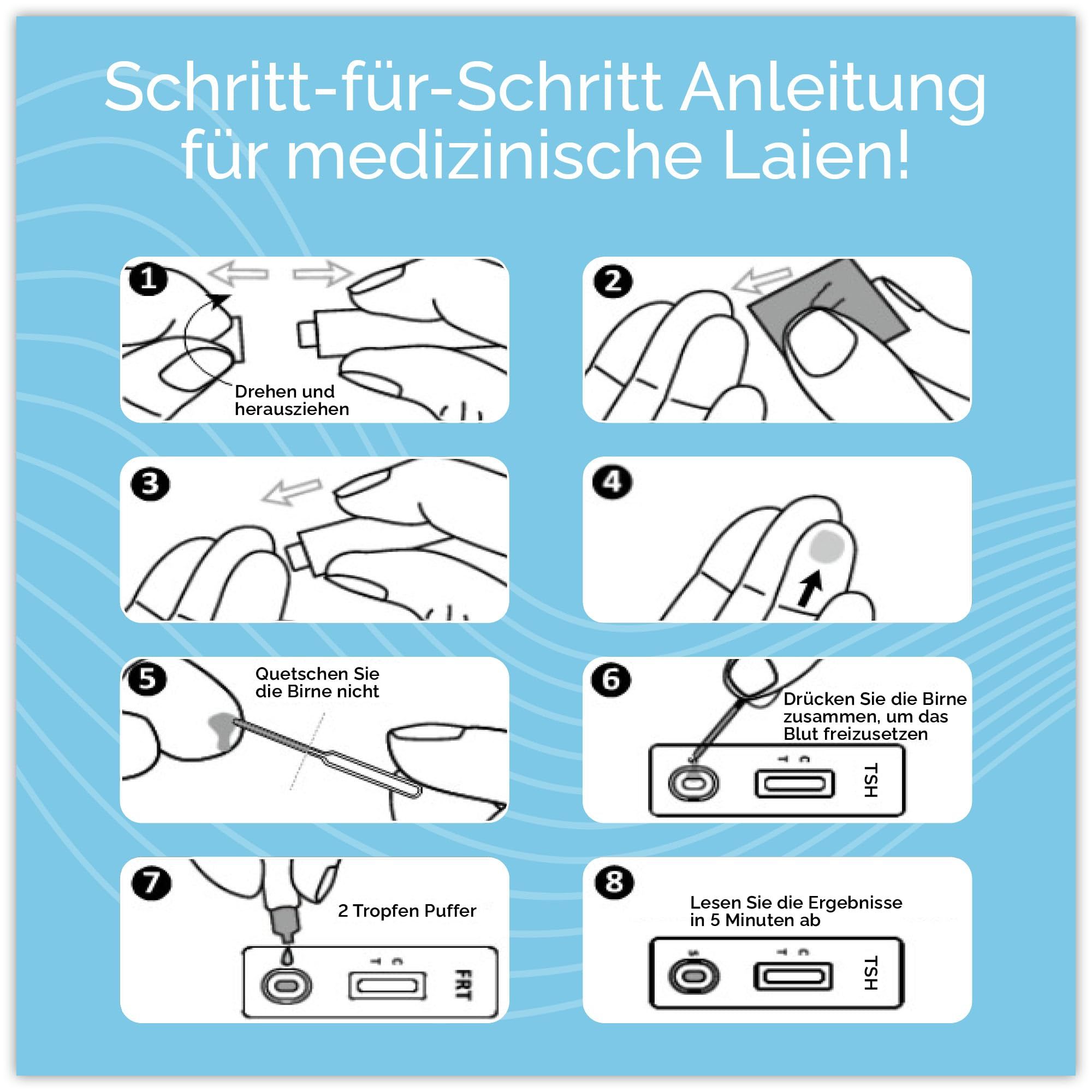 Schritt-für-Schritt-Anleitung für medizinische Laien. 8 Schritte zur Durchführung des Tests. Illustrationen mit Text.