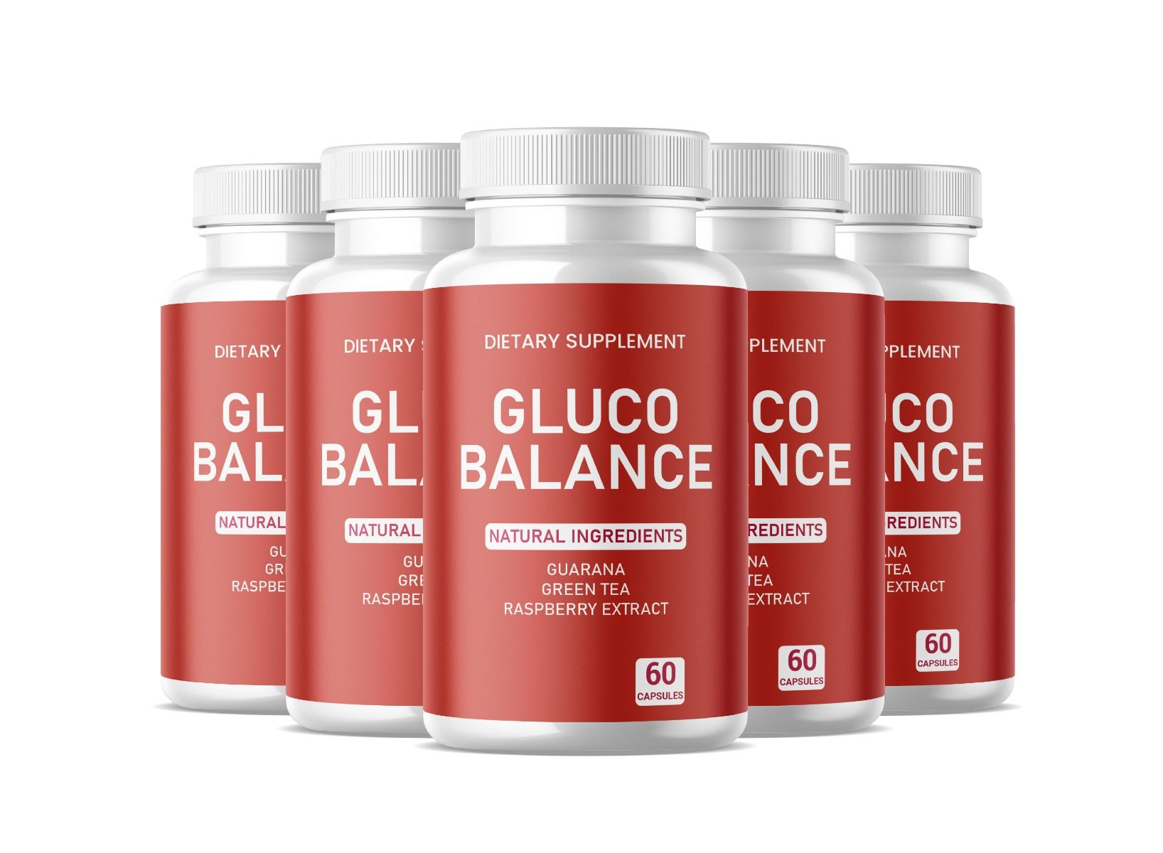 Fünf weiße Flaschen mit roten Etiketten. Auf den Etiketten steht "GLUCO BALANCE" und "60 Kapseln".