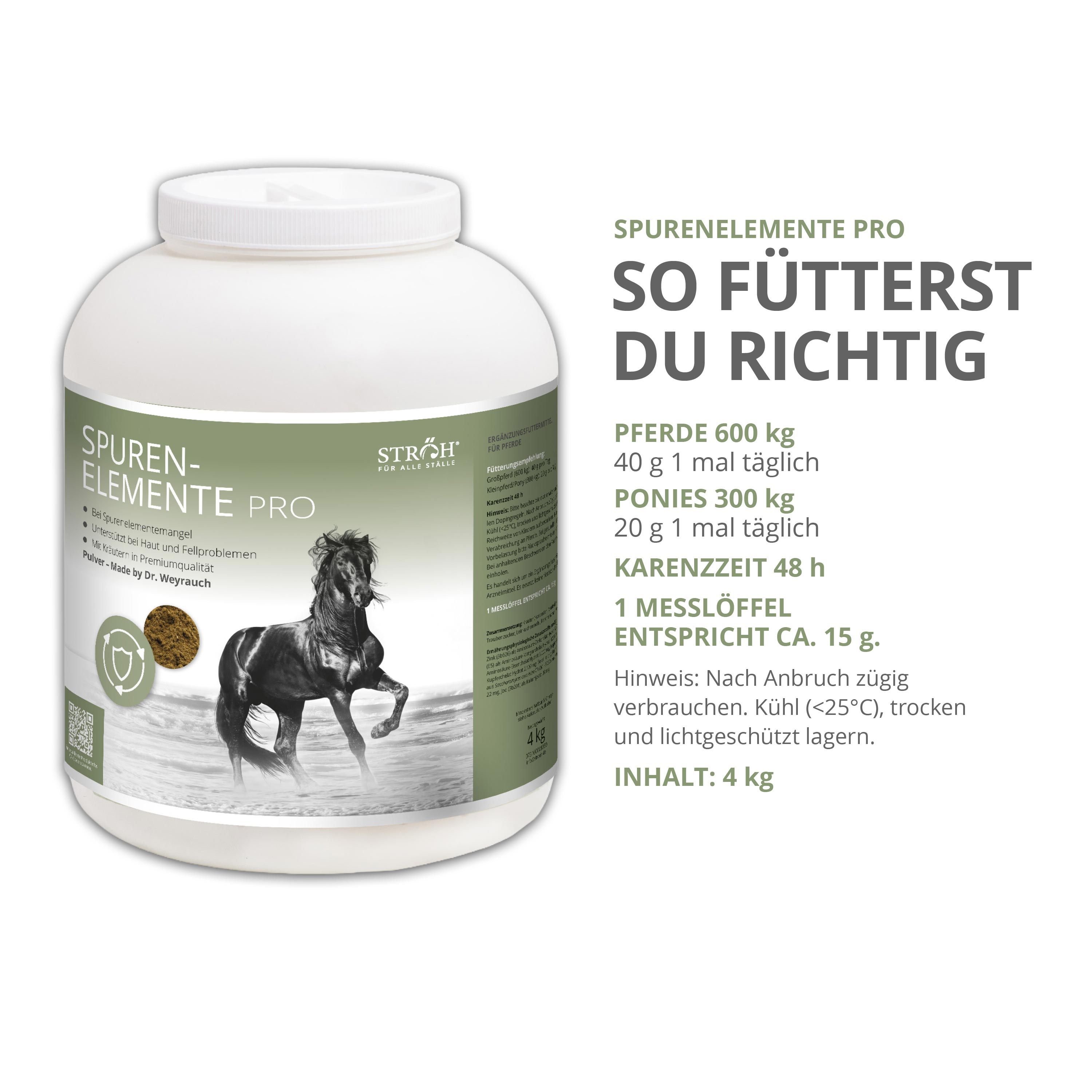 Weißer Behälter mit Produktname und Pferd-Illustration. Text: Spurenelemente Pro. 4 kg. Dosierungsanleitung.