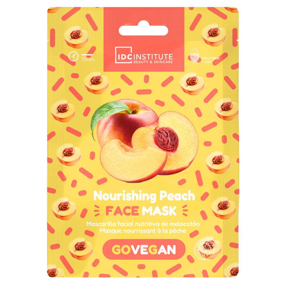 Gesichtsmaske mit Pfirsich. Gelbe Verpackung mit Pfirsich-Illustrationen und Produktnamen. Marke: IDC Institute.