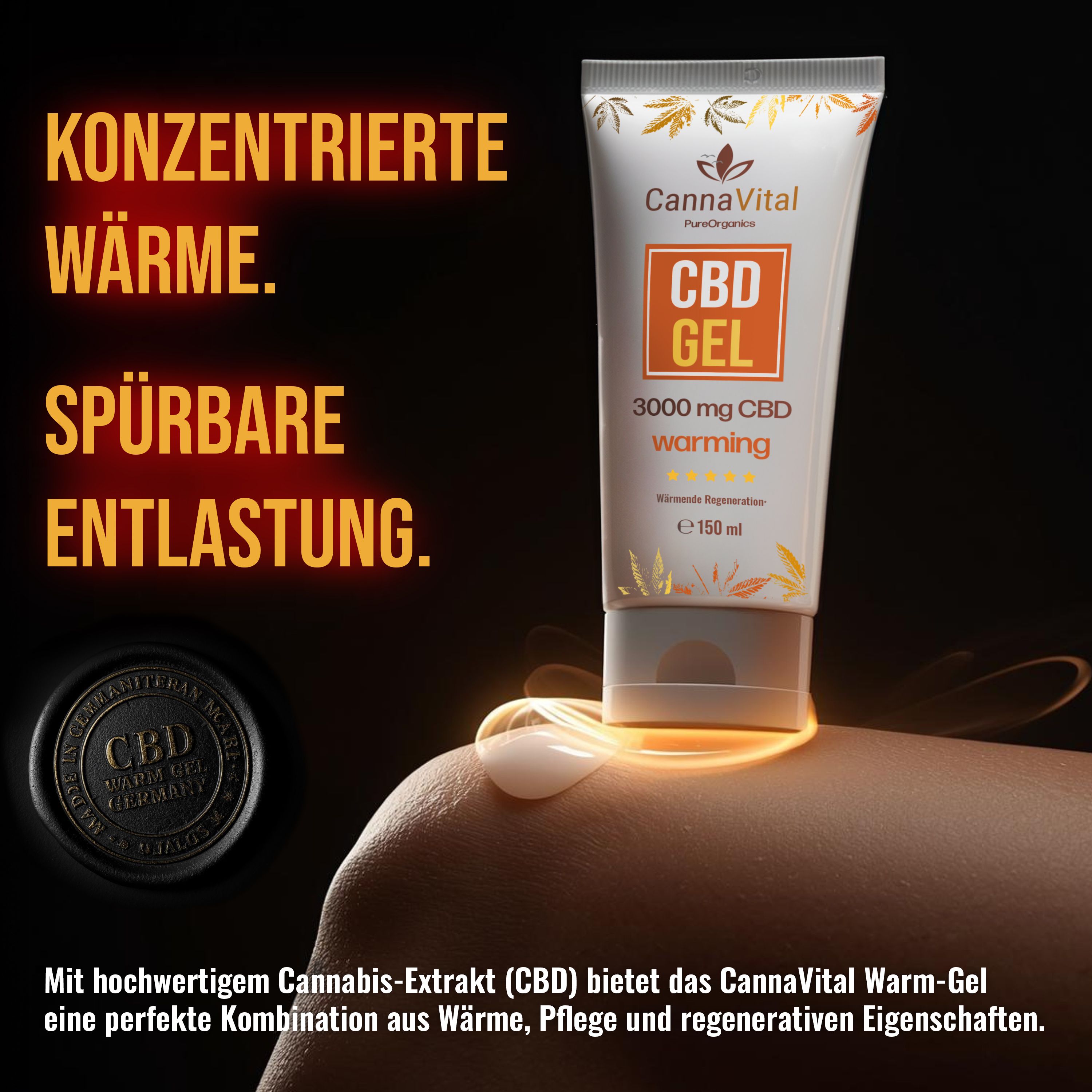 Weißes Gel-Tuben-Produkt mit orangefarbenem Etikett. Text: CBD GEL, 3000 mg CBD warming. Gel auf Haut aufgetragen. Schwarzer Hintergrund.