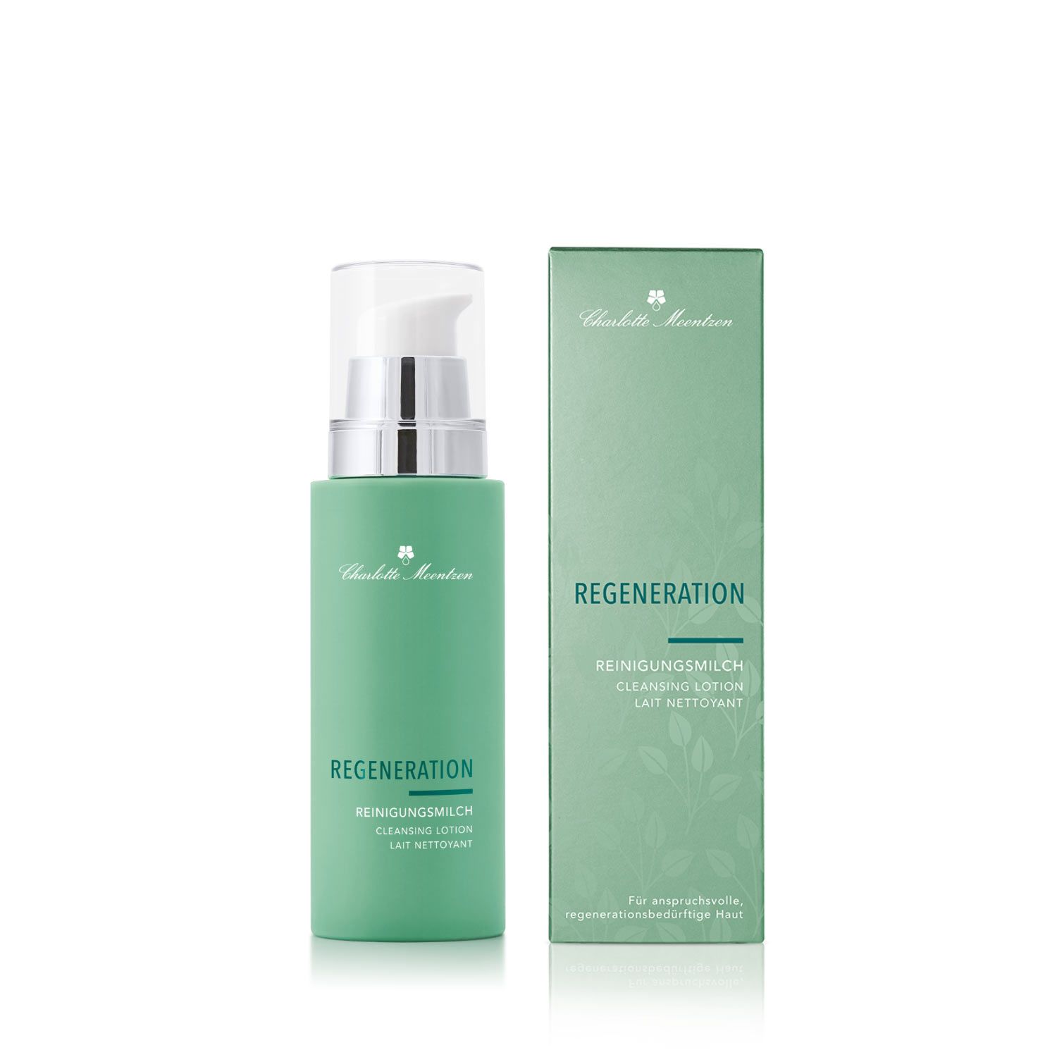 Grüne Flasche mit Pumpe und Verpackung. Text: Regeneration, Reinigungsmilch, Cleansing Lotion, Lait Nettoyant. Logo.