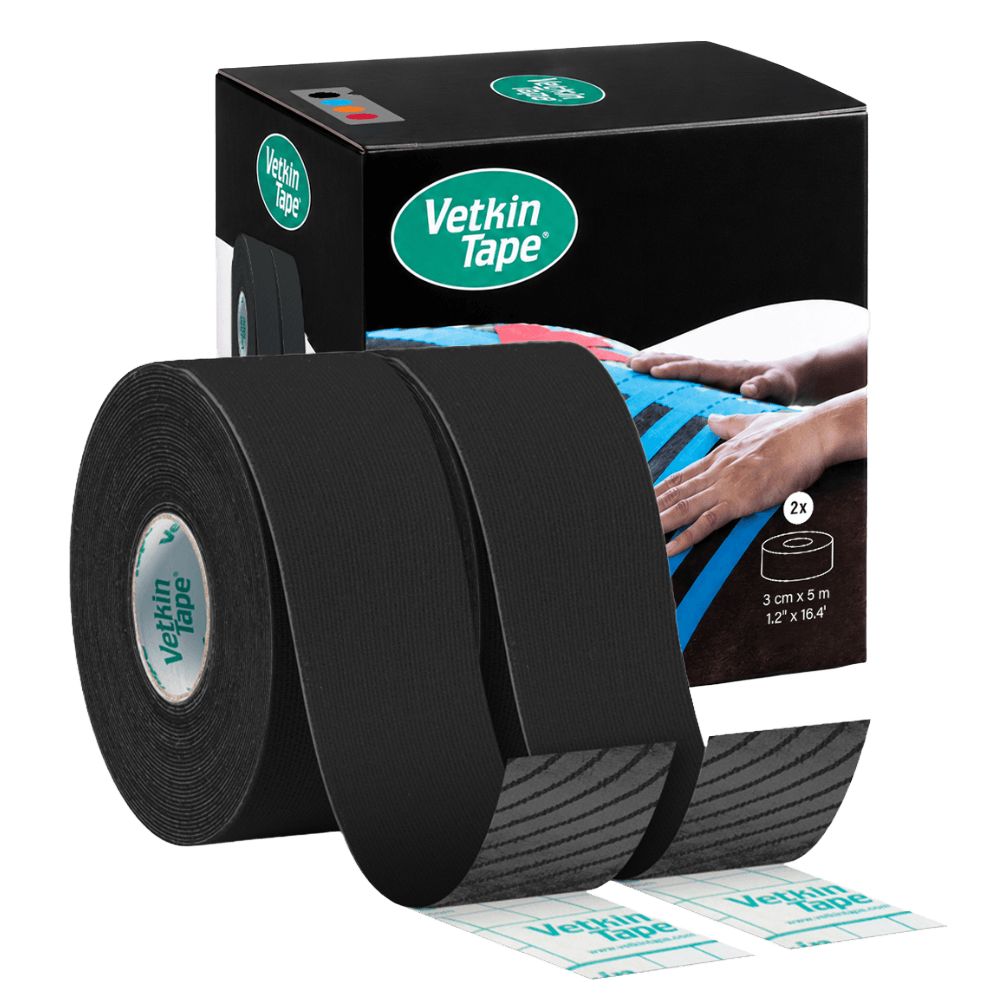 Zwei Rollen schwarzes VetkinTape Kinesiotape für Pferde und Hunde, 3cm x 5m.