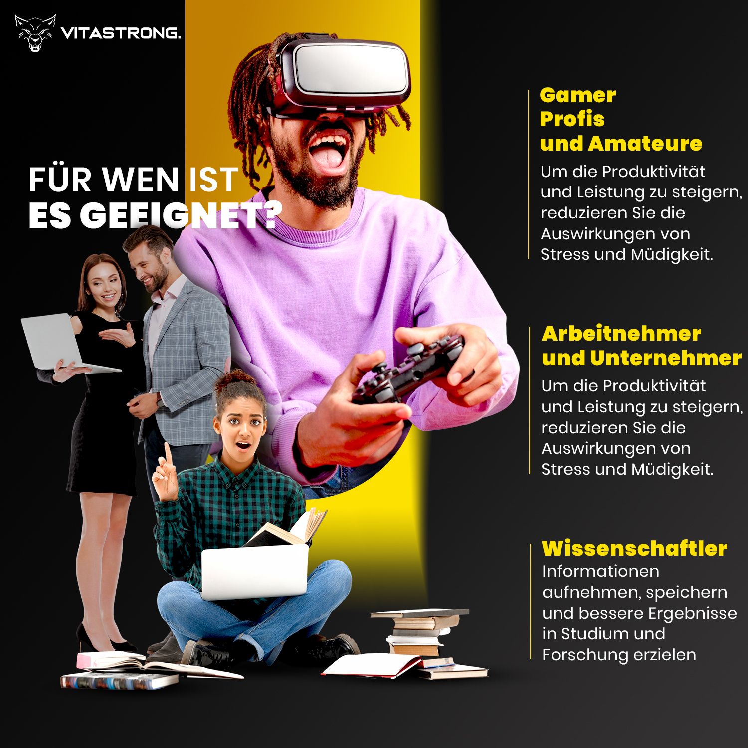 Personen in verschiedenen Situationen. Text: Für wen ist es geeignet? Gamer, Arbeiter, Studenten. Produktflasche nicht sichtbar.