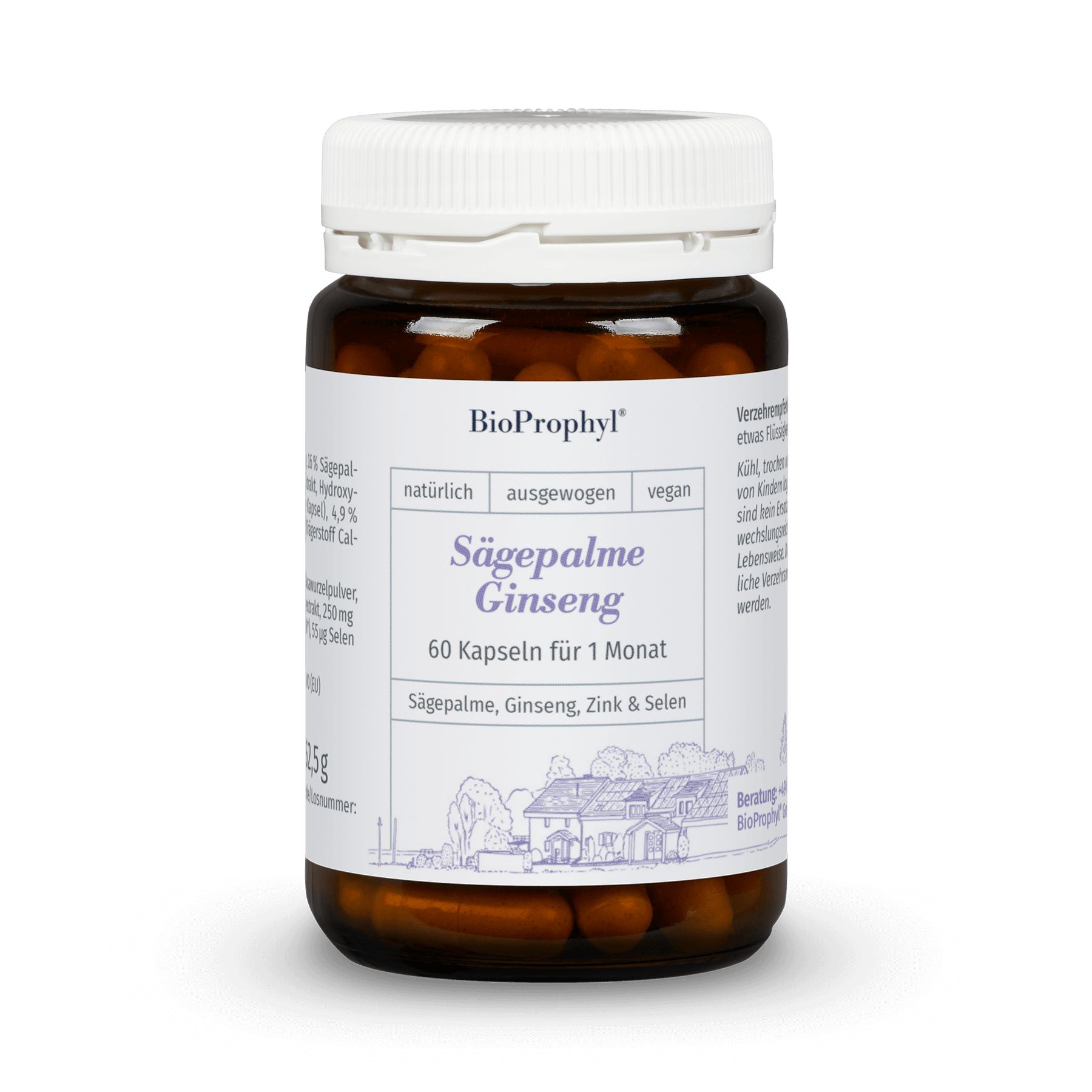 Braune Flasche mit weißen Deckel. Aufschrift: BioProphyl Sägepalme Ginseng, 60 Kapseln. Enthält Sägepalme, Ginseng, Zink & Selen.