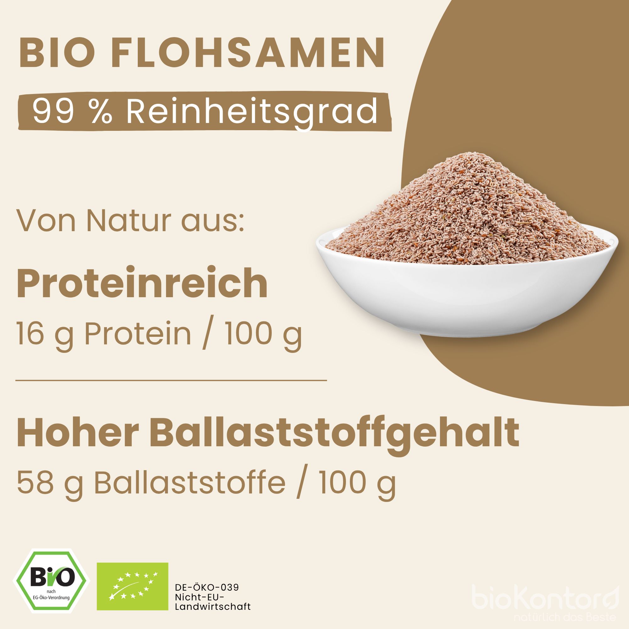 Bio Flohsamen: Schale mit braunen Samen. Text: Proteinreich (16g/100g), hoher Ballaststoffgehalt (58g/100g). Bio-Siegel.