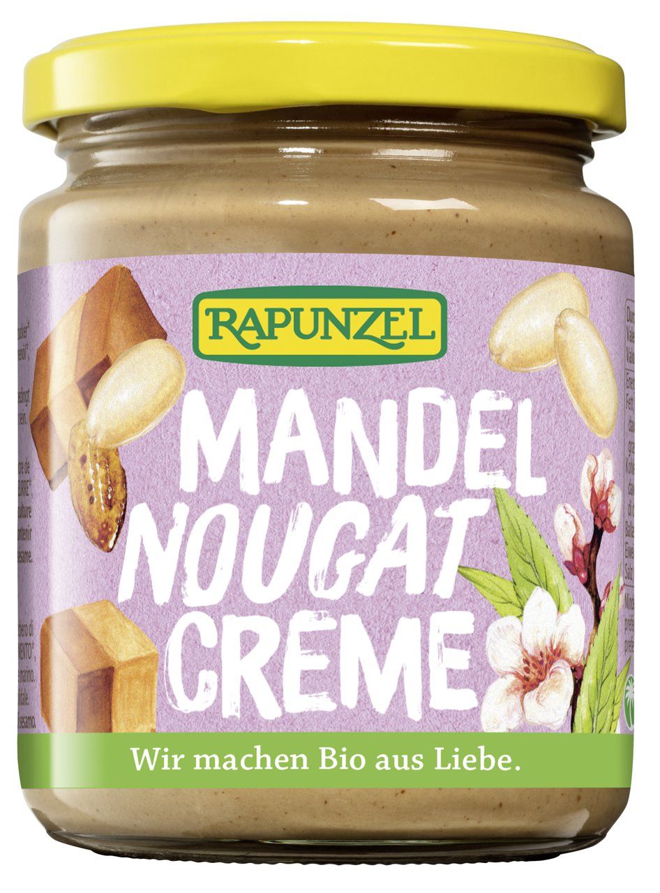 Rapunzel Mandel-Nougat-Creme im Glas. Lila Etikett mit Produktnamen, Mandeln, Nougatstücken und Mandelblüten.
