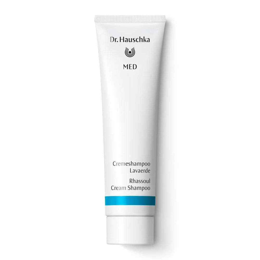 Weiße Tube mit blauer Linie. Beschriftung: Dr. Hauschka MED Cremeshampoo Lavaerde.